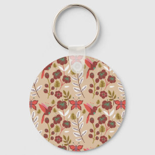 Blommigt: sömlösa blommor, fåglar, fjäril, mönster nyckelring