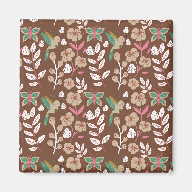 Blommigt sömlösa blommor, löv, fjäril, mönster magnet (Framsidan)