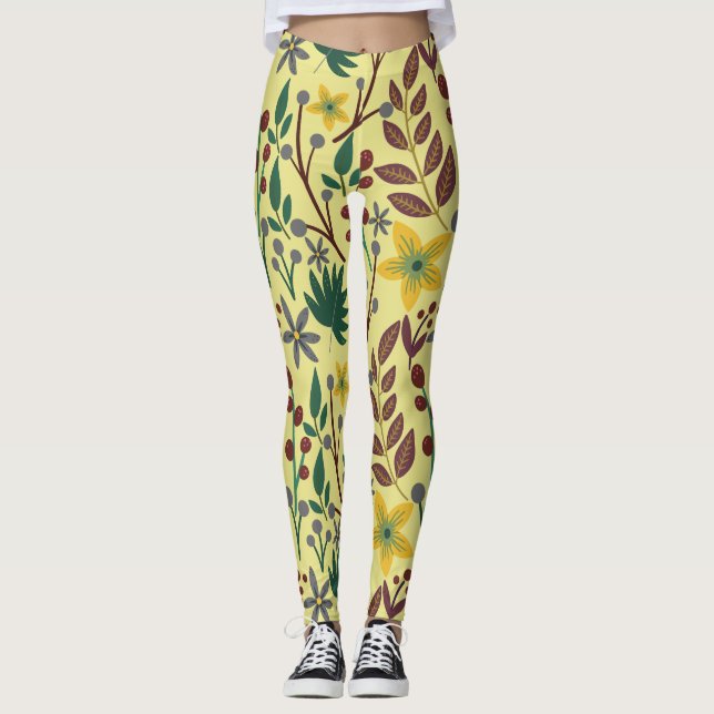 Blommigt sömlösa blommor, löv, grenar, mönster leggings (Framsida)
