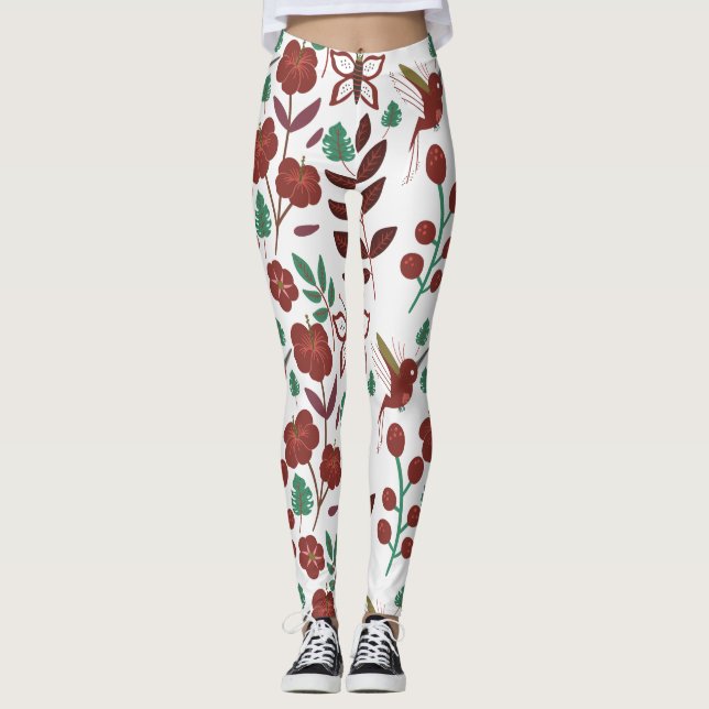 Blommigt Sömlösa mönster-fåglar och fjärilar Leggings (Framsida)