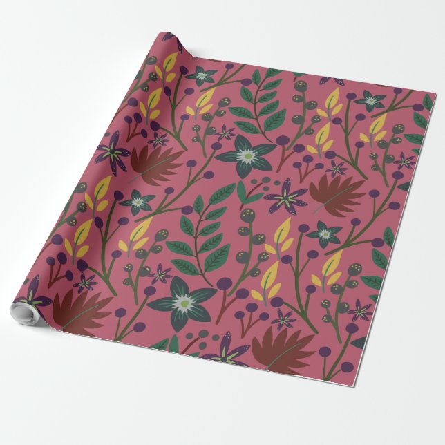 Blommigt sömlöst mönster rosa blommor blad gren presentpapper (Utrullad)
