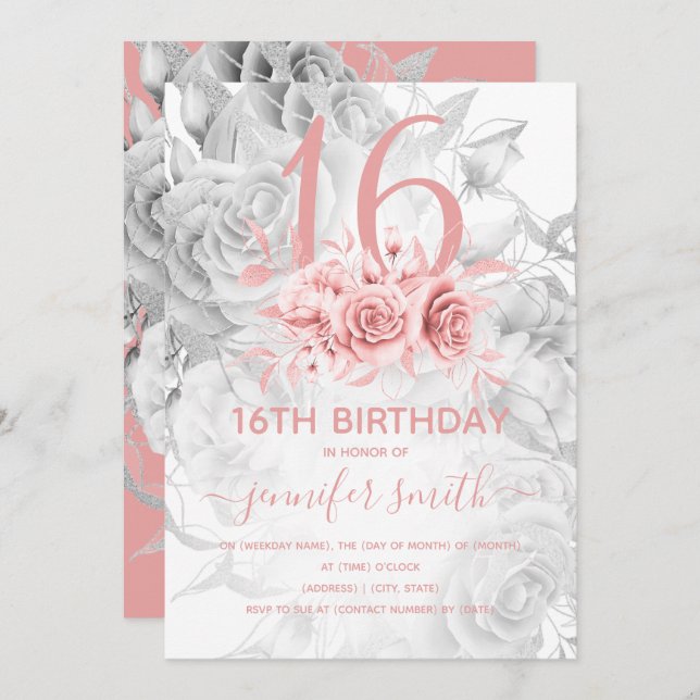 Blommigt Söt 16:e Girly Ro Guld & Silver Inbjudningar (Fram/baksida)