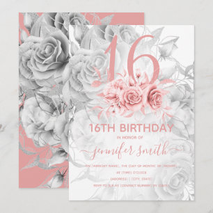 Blommigt Söt 16:e Girly Ro Guld & Silver Inbjudningar