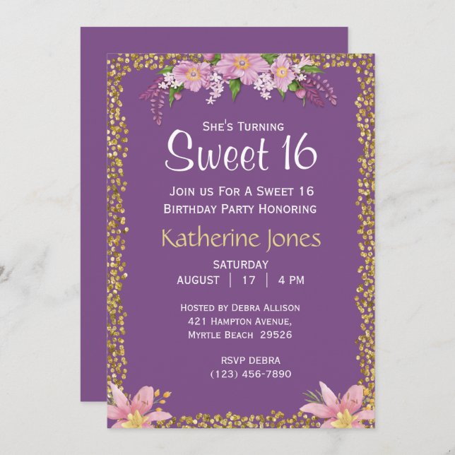 Blommigt Söt 16 Födelsedagsfest inbjudan (Fram/baksida)