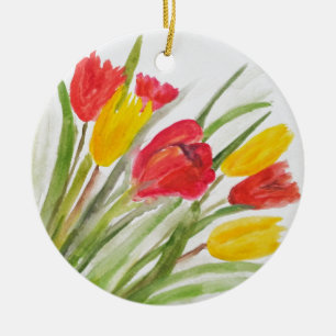 Blommigt: söt av vattenfärgen gult i rött julgransprydnad keramik