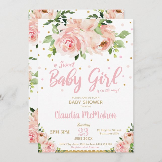  Blommigt Söt Flicka Shower Rosa & Guld Inbjudningar (Fram/baksida)