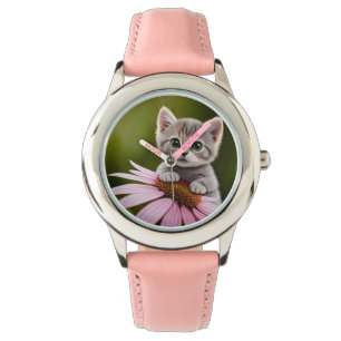 Blommigt söt liten grått-katt armbandsur