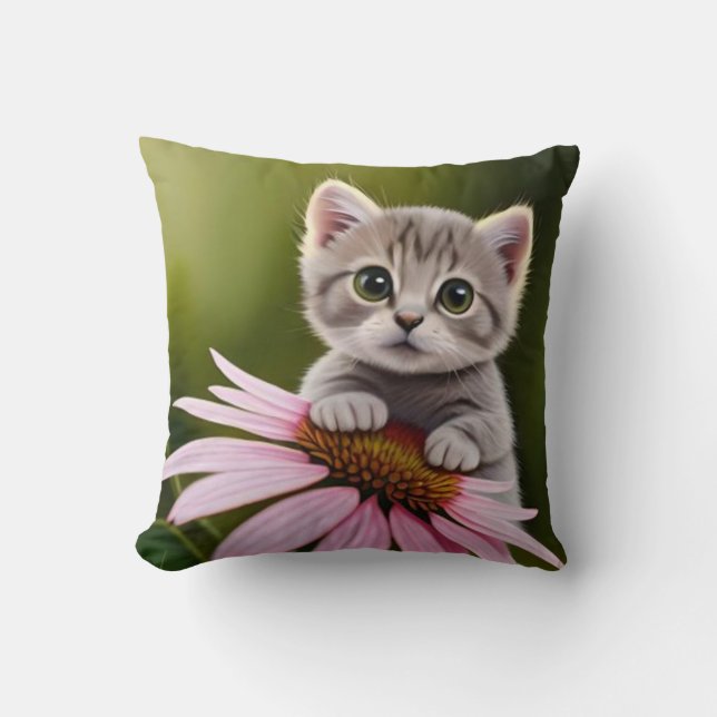 Blommigt söt liten grått-katt kudde (Framsida)