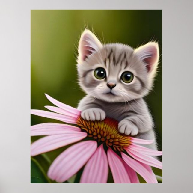 Blommigt söt liten grått-katt poster (Framsidan)