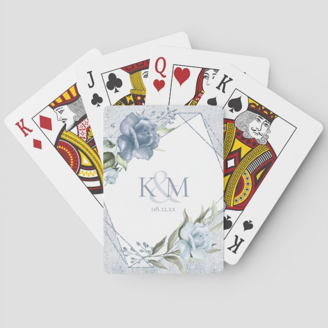 Blommigt Sparkles Bröllop Initialer Dusty Blue ID8 Casinokort (Baksidan)