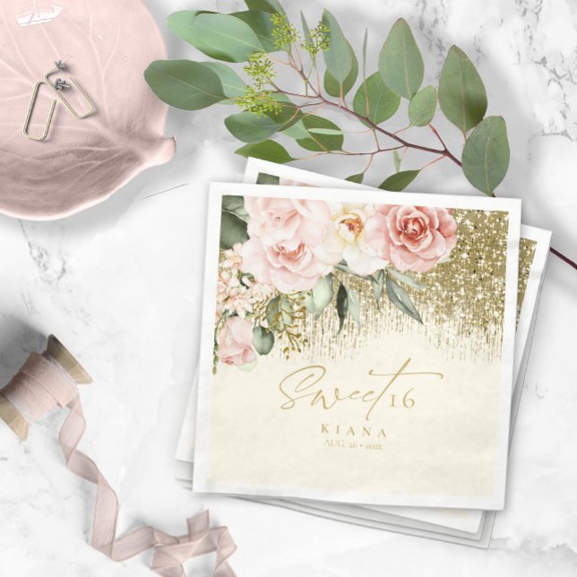 Blommigt Sparkles Sweet sixteen Guld ID912 Pappersservett (Skapare uppladdad)