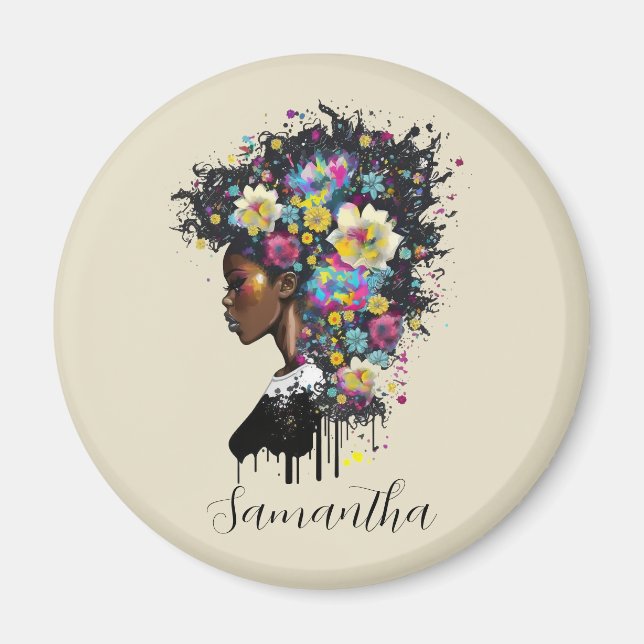 Blommigt Sparkling African American Woman Magnet (Framsidan)