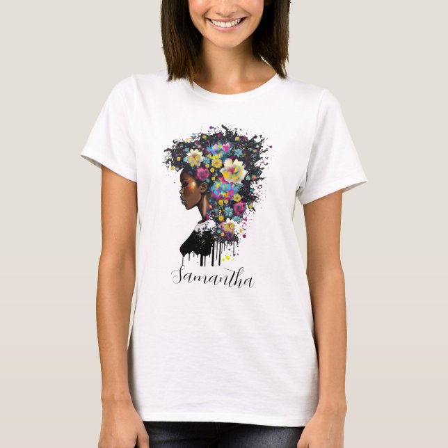 Blommigt Sparkling African American Woman T Shirt (Framsida)