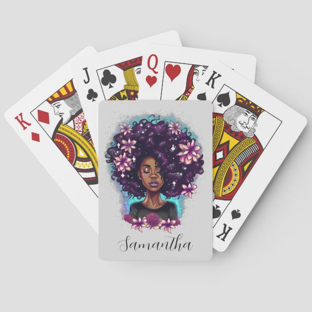 Blommigt Sparkling Afro Woman Casinokort (Baksidan)