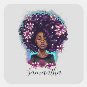 Blommigt Sparkling Afro Woman Fyrkantigt Klistermärke
