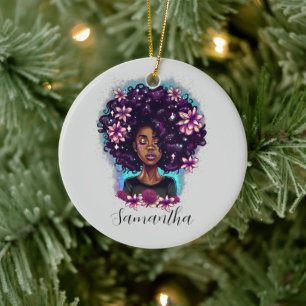Blommigt Sparkling Afro Woman Julgransprydnad Keramik