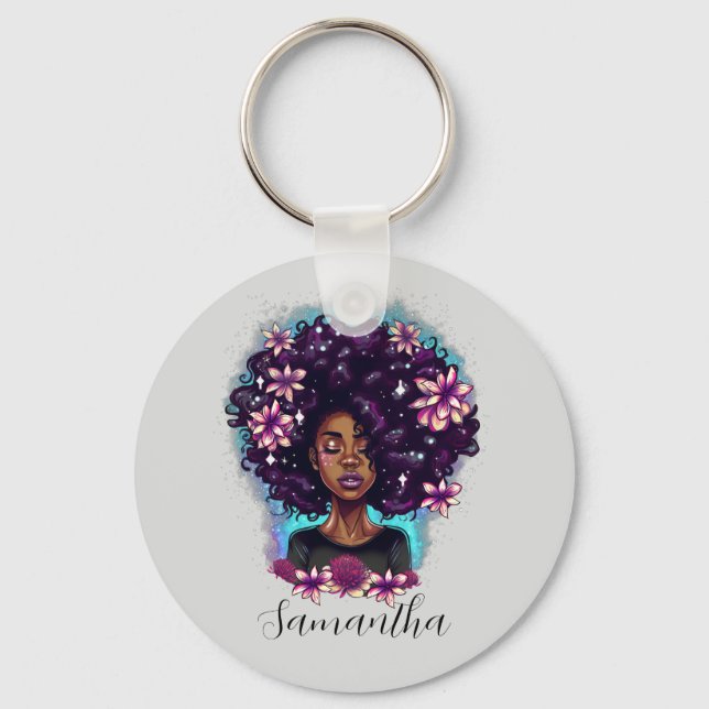 Blommigt Sparkling Afro Woman Nyckelring (Framsida)