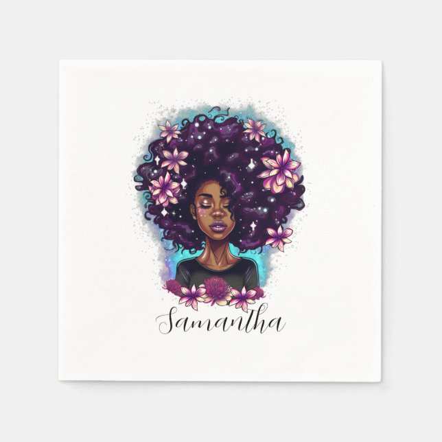 Blommigt Sparkling Afro Woman Pappersservett (Framsidan)