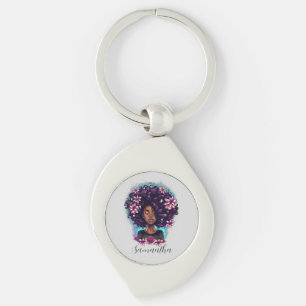 Blommigt Sparkling Afro Woman Swirl Silverfärgad Nyckelring