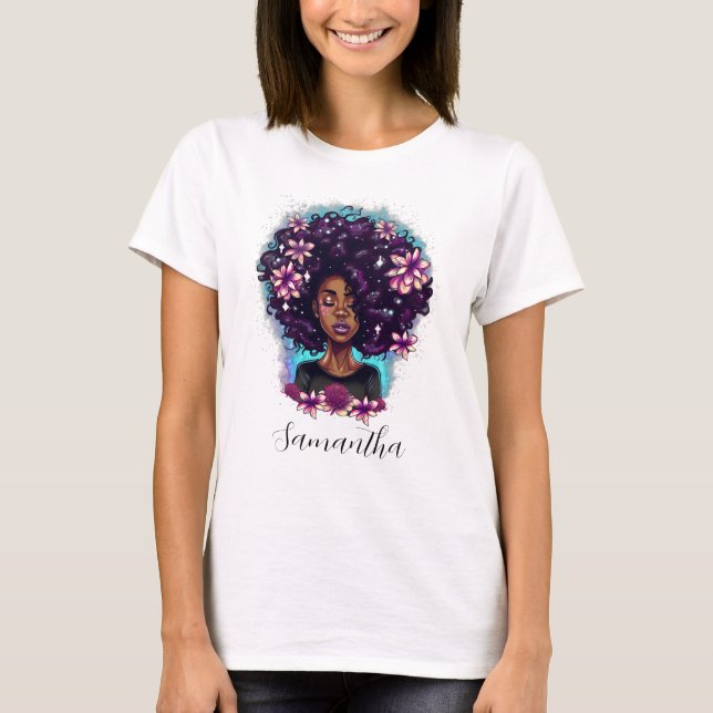 Blommigt Sparkling Afro Woman T Shirt (Framsida)