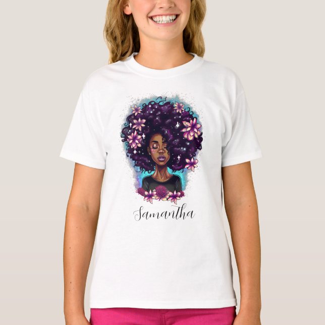 Blommigt Sparkling Afro Woman T Shirt (Framsida)