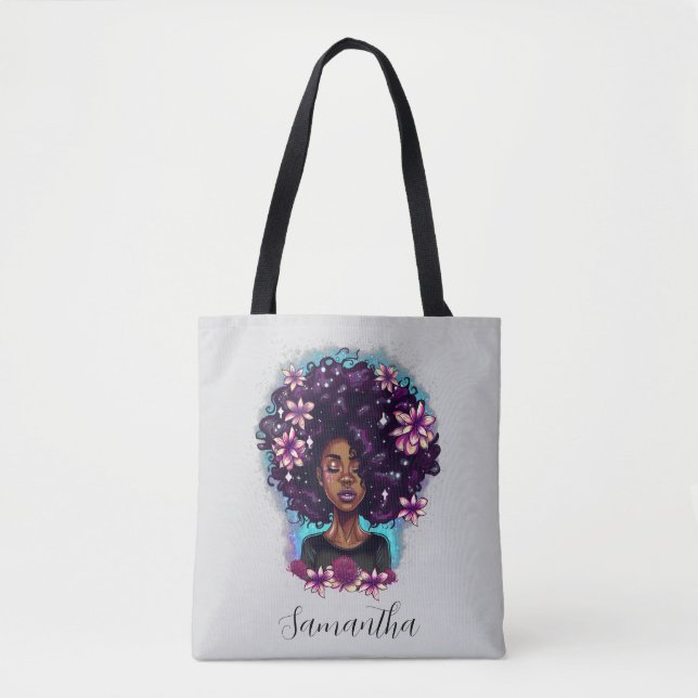 Blommigt Sparkling Afro Woman Tygkasse (Framsida)