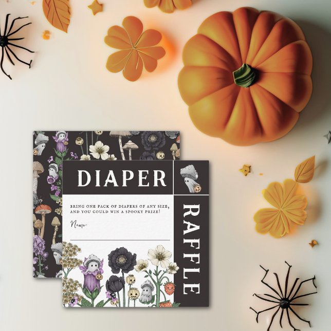 Blommigt Spöken Halloween Baby Shower Diaper Raffl Tilläggskort (Halloween baby shower diaper raffle enclosure cards with flowers and cute mushroom ghosts.)