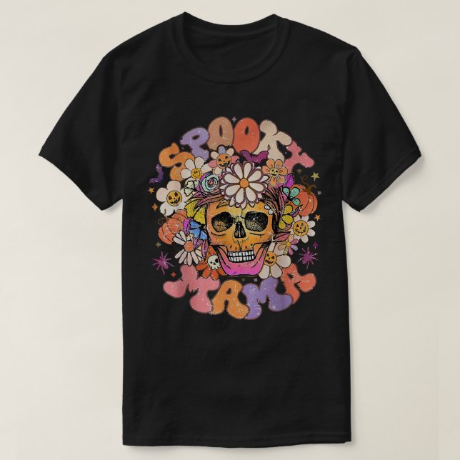 Blommigt Spooky Mamma Retro Halloween Groovy Spook T Shirt (Design framsida)