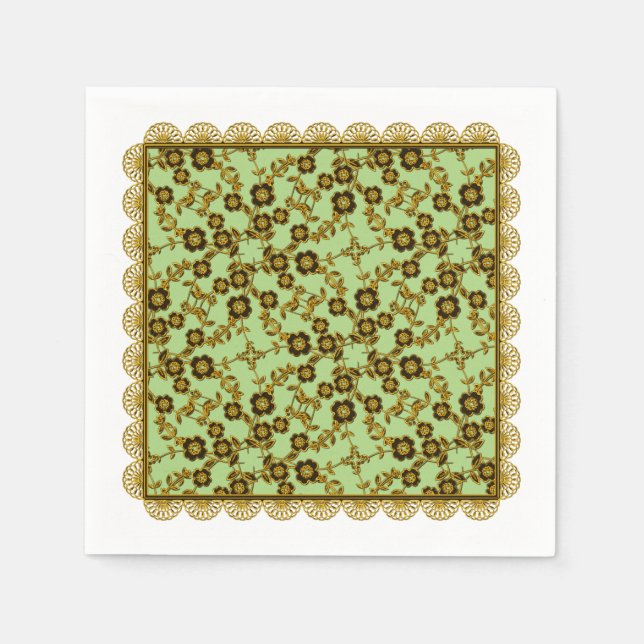 Blommigt Spray,GRÖNT-PAPPRA NAPKINS Snöre-GULD-VÅR Pappersservett (Framsidan)