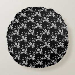 Blommigt Spray-S1-Black-White-16in ROUND PILLOW Rund Kudde