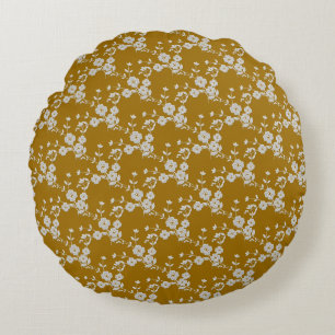 Blommigt Spray-S1-Guld-White 2-16-in ROUND PILLOW Rund Kudde