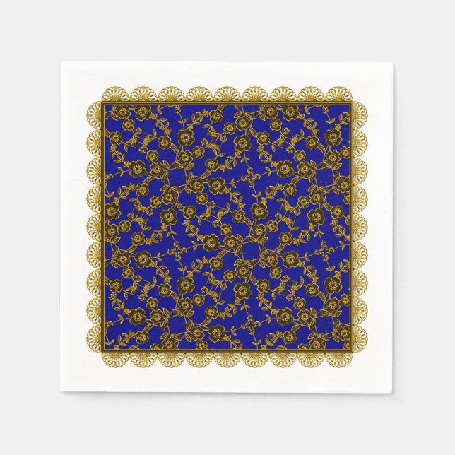 Blommigt SPray,Snöre-GULD-BLUE-PAPPRA PARTY NAPKIN Pappersservett (Framsidan)