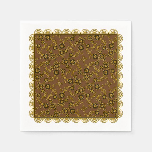 Blommigt SPray,Snöre-GULD-BROWN-PAPPRA PARTY NAPKI Pappersservett (Framsidan)