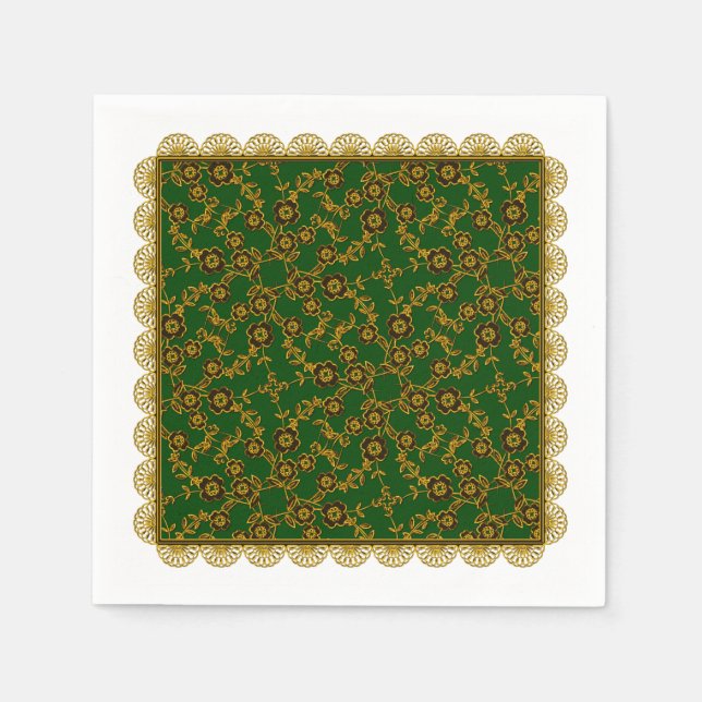 Blommigt SPray,Snöre-GULD-GRÖNT-PAPPRA NAPKINS PAR Pappersservett (Framsidan)