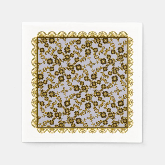 Blommigt Spray,Snöre-GULD-LILA LIGHT-PAPPRA NAPKIN Pappersservett (Framsidan)
