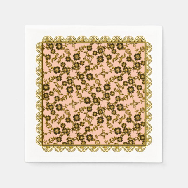Blommigt SPray,Snöre-GULD-PEACH-PAPPRA PARTY NAPKI Pappersservett (Framsidan)