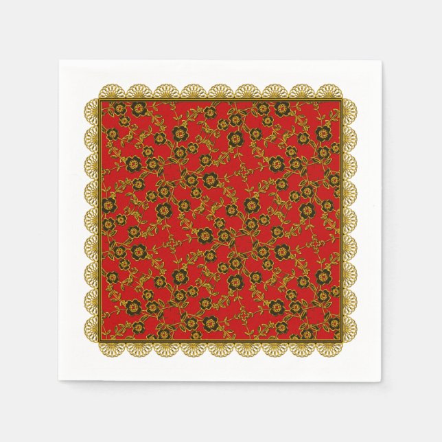 Blommigt SPray,Snöre-GULD-RED-PAPPRA NAPKINS Pappersservett (Framsidan)