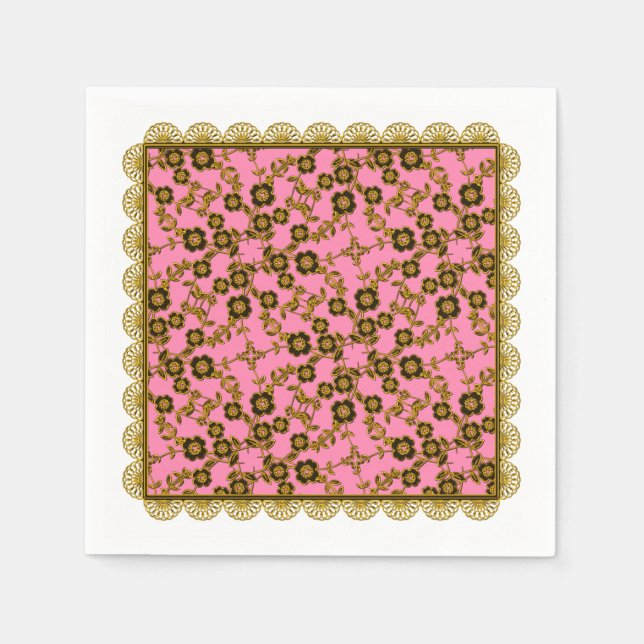 Blommigt Spray,Snöre-GULD-ROSA-PAPPRA NAPKINS PART Pappersservett (Framsidan)