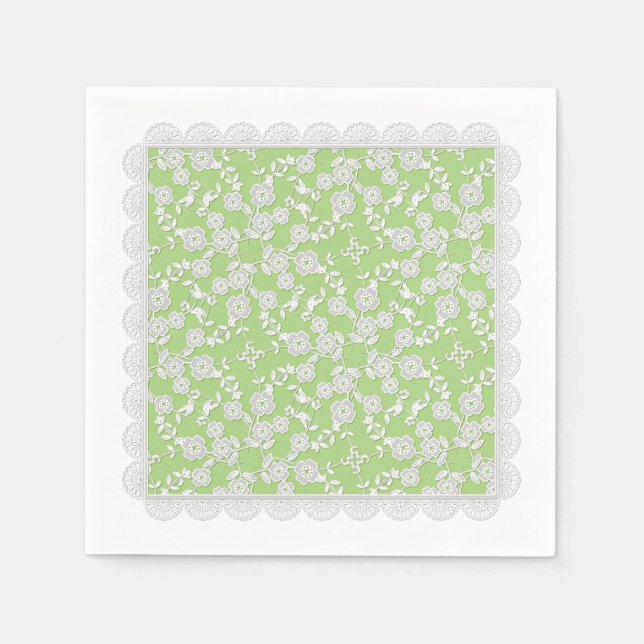 Blommigt SPray,Snöre-WHITE-VÅR GRÖNT-PAPPRA NAPKIN Pappersservett (Framsidan)