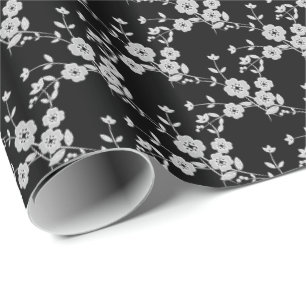 Blommigt Spray, Stil 1-BLACK-WHITE-GIFT WRAP PAPER Presentpapper