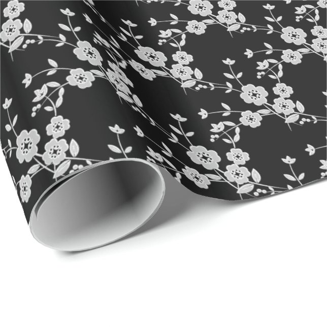 Blommigt Spray, Stil 1-BLACK-WHITE-GIFT WRAP PAPER Presentpapper (Rullad Hörn)