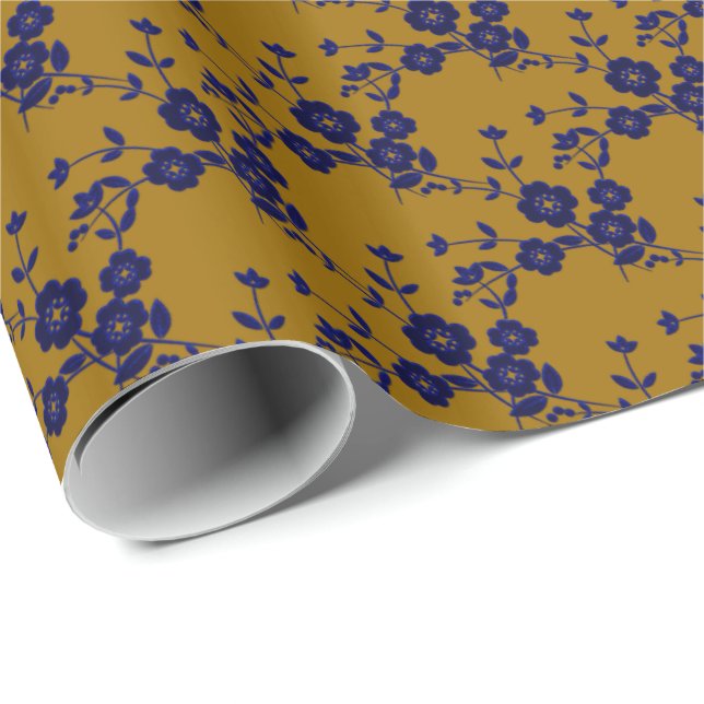 Blommigt Spray, Stil 1-BLUE-GULD-1-GIFT WRAP PAPER Presentpapper (Rullad Hörn)