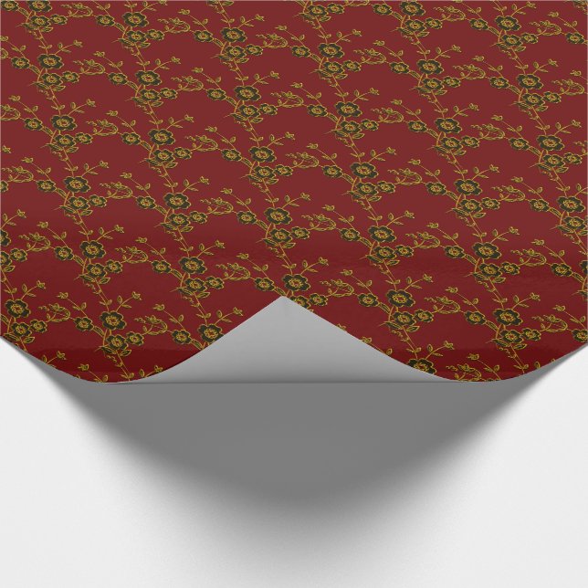Blommigt Spray, Stil 1-RED-GULD-GIFT WRAP PAPER Presentpapper (Hörn)