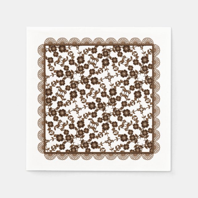 Blommigt Spreja,Snöre-BROWN-WHITE-PAPPRA NAPKINER Pappersservett (Framsidan)