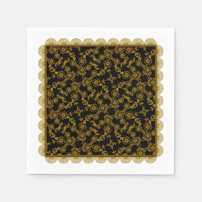 Blommigt Spreja,Snöre-GULD-BLACK-PAPPRA PARTY NAPK Pappersservett (Framsidan)
