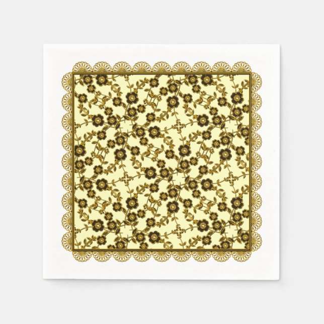 Blommigt Spreja,Snöre-GULD-GULT-PAPPRA NAPKINER Pappersservett (Framsidan)