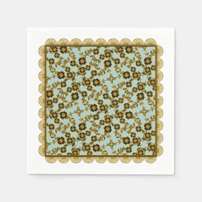 Blommigt Spreja,Snöre-GULD-SEAFOAM-PAPPRA NAPKINER Pappersservett (Framsidan)