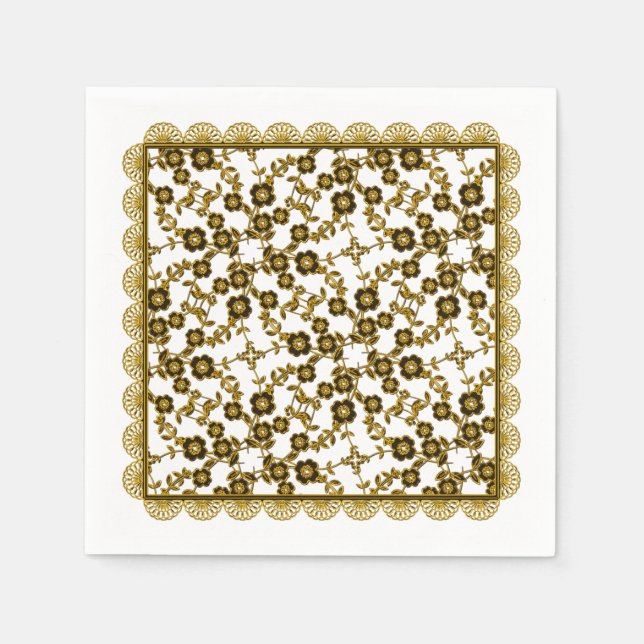 Blommigt Spreja,Snöre-GULD-VITE-PAPPRA NAPKINER Pappersservett (Framsidan)