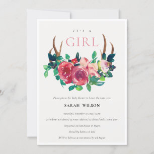 Blommigt Stag Antlers Det är en flicka Baby Shower Tack Kort