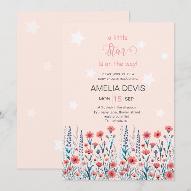 Blommigt Star Baby Shower Inbjudningar (Fram/baksida)